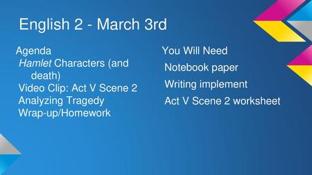 English 2 - March 3rd Agenda Hamlet Characters (and death)