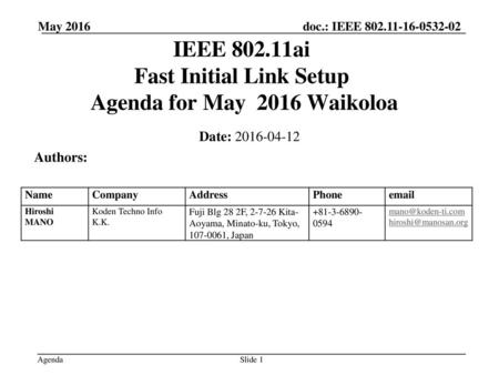 IEEE ai Fast Initial Link Setup Agenda for May 2016 Waikoloa