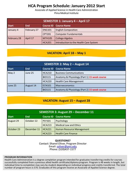 HCA Program Schedule: January 2012 Start