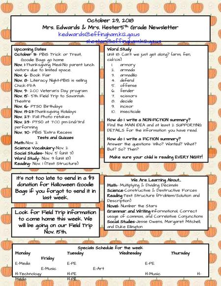 Mrs. Edwards & Mrs. Hester 5th Grade Newsletter