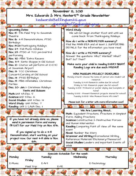 Mrs. Edwards & Mrs. Hester 5th Grade Newsletter