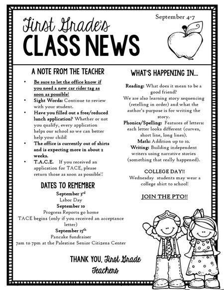 class news First Grade’s September 4-7 A Note from the Teacher