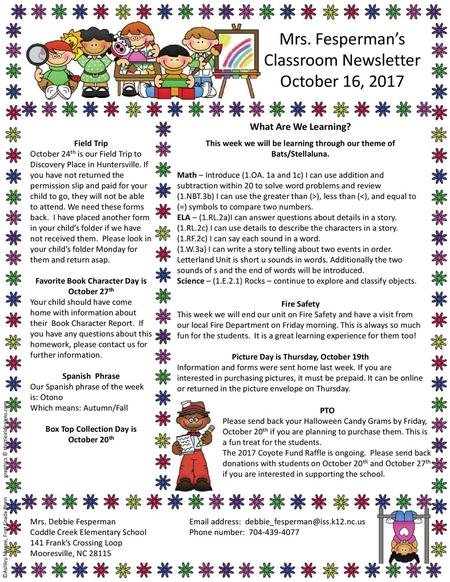 Mrs. Fesperman’s Classroom Newsletter October 16, 2017