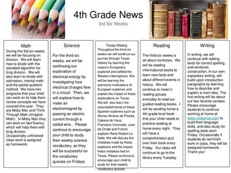 4th Grade News 3rd Six Weeks Math Science Reading Writing