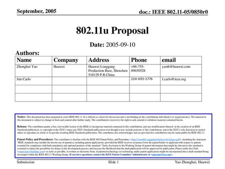 802.11u Proposal Date: Authors: September, 2005 July 2005