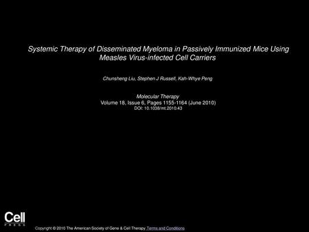 Systemic Therapy of Disseminated Myeloma in Passively Immunized Mice Using Measles Virus-infected Cell Carriers  Chunsheng Liu, Stephen J Russell, Kah-Whye.