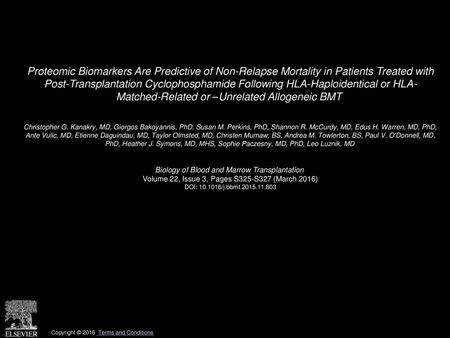 Proteomic Biomarkers Are Predictive of Non-Relapse Mortality in Patients Treated with Post-Transplantation Cyclophosphamide Following HLA-Haploidentical.