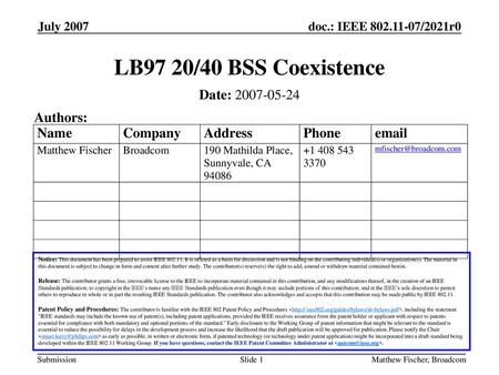 LB97 20/40 BSS Coexistence Date: Authors: July 2007