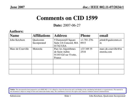 Comments on CID 1599 Date: Authors: June 2007 June 2007