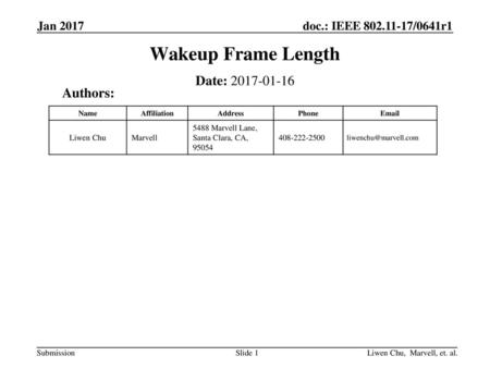 Wakeup Frame Length Date: Authors: Jan 2017 Liwen Chu