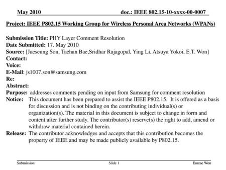 Submission Title: PHY Layer Comment Resolution