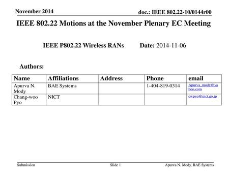 IEEE Motions at the November Plenary EC Meeting