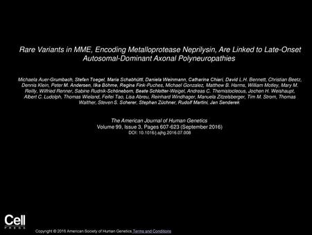 Rare Variants in MME, Encoding Metalloprotease Neprilysin, Are Linked to Late-Onset Autosomal-Dominant Axonal Polyneuropathies  Michaela Auer-Grumbach,