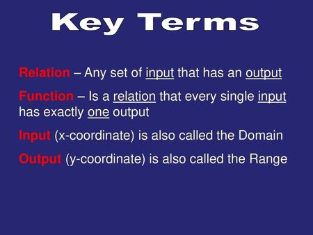 Key Terms Relation – Any set of input that has an output