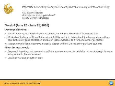 Project #5: Generating Privacy and Security Threat Summary for Internet of Things REU Student: Ray Yan Graduate mentors: Logan Lebanoff Faculty Mentor(s):