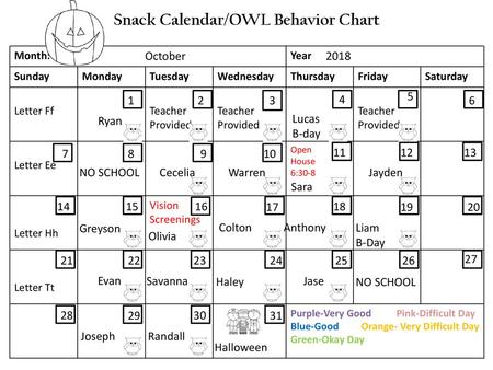 Snack Calendar/OWL Behavior Chart