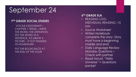 September 24 6TH GRADE ELA READING LOG- INDIVIDUAL READING -15 min