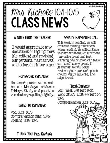 class news Mrs. Nichols’ 10/1-10/5