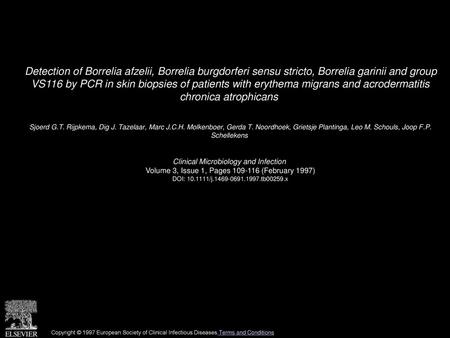 Detection of Borrelia afzelii, Borrelia burgdorferi sensu stricto, Borrelia garinii and group VS116 by PCR in skin biopsies of patients with erythema.