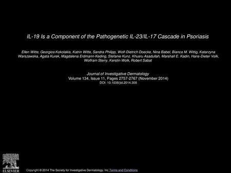 IL-19 Is a Component of the Pathogenetic IL-23/IL-17 Cascade in Psoriasis  Ellen Witte, Georgios Kokolakis, Katrin Witte, Sandra Philipp, Wolf-Dietrich.