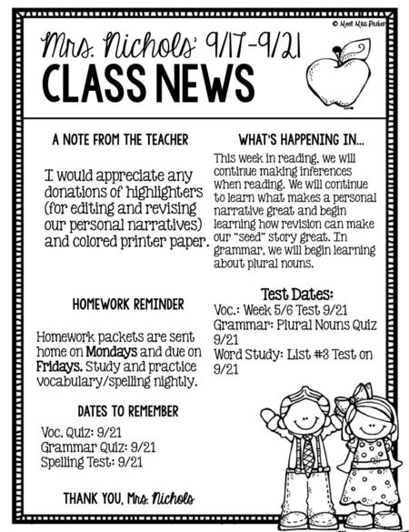 class news Mrs. Nichols’ 9/17-9/21