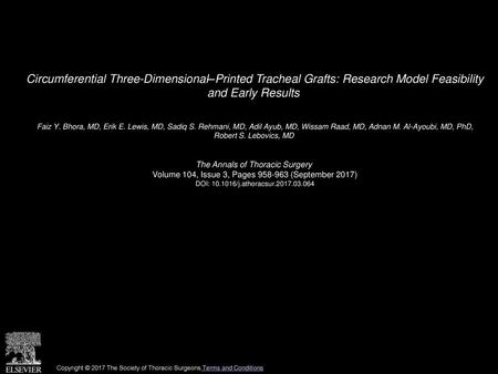 Circumferential Three-Dimensional–Printed Tracheal Grafts: Research Model Feasibility and Early Results  Faiz Y. Bhora, MD, Erik E. Lewis, MD, Sadiq S.