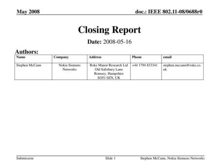 Closing Report Date: Authors: May 2008 May 2008