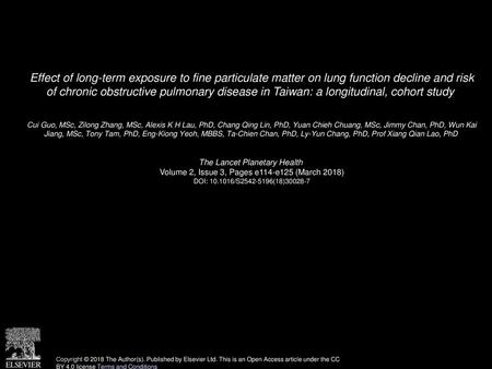 Effect of long-term exposure to fine particulate matter on lung function decline and risk of chronic obstructive pulmonary disease in Taiwan: a longitudinal,