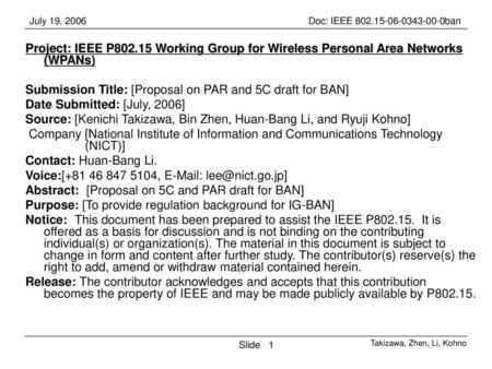 Submission Title: [Proposal on PAR and 5C draft for BAN]