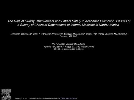 The Role of Quality Improvement and Patient Safety in Academic Promotion: Results of a Survey of Chairs of Departments of Internal Medicine in North America 