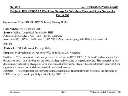 May 2014 Project: IEEE P802.15 Working Group for Wireless Personal Area Networks (WPANs) Submission Title: SG MG OWC Closing Plenary Slides Date Submitted: