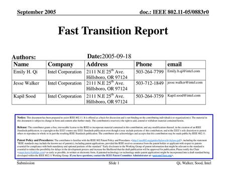 Fast Transition Report