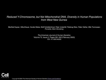 Reduced Y-Chromosome, but Not Mitochondrial DNA, Diversity in Human Populations from West New Guinea  Manfred Kayser, Silke Brauer, Gunter Weiss, Wulf.