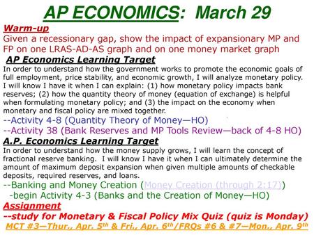 MCT #3—Thur., Apr. 5th & Fri., Apr. 6th/FRQs #6 & #7—Mon., Apr. 9th