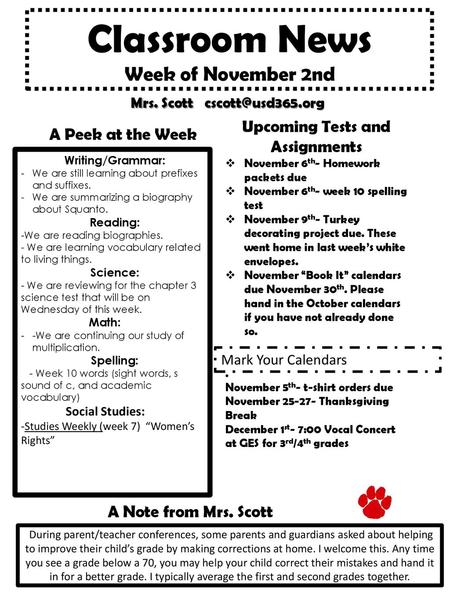 Classroom News Week of November 2nd Upcoming Tests and Assignments