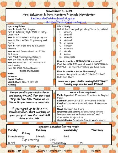 Mrs. Edwards & Mrs. Hester 5th Grade Newsletter