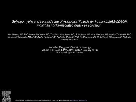 Sphingomyelin and ceramide are physiological ligands for human LMIR3/CD300f, inhibiting FcεRI-mediated mast cell activation  Kumi Izawa, MD, PhD, Masamichi.