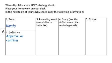 A Ratify Approve or confirm Warm-Up: Take a new LINCS strategy sheet.