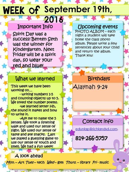 September 19th, 2016 Alaynah Important Info