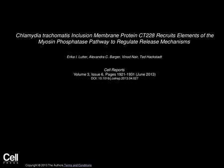 Chlamydia trachomatis Inclusion Membrane Protein CT228 Recruits Elements of the Myosin Phosphatase Pathway to Regulate Release Mechanisms  Erika I. Lutter,