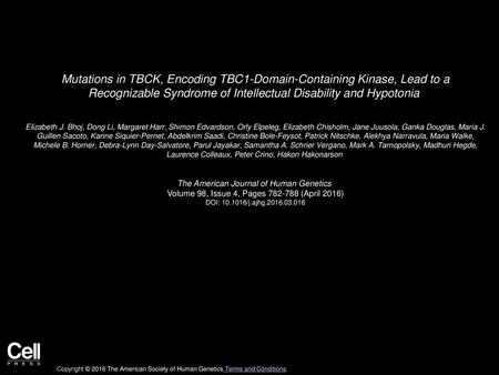 Mutations in TBCK, Encoding TBC1-Domain-Containing Kinase, Lead to a Recognizable Syndrome of Intellectual Disability and Hypotonia  Elizabeth J. Bhoj,