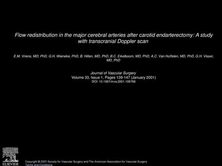 Flow redistribution in the major cerebral arteries after carotid endarterectomy: A study with transcranial Doppler scan  E.M. Vriens, MD, PhD, G.H. Wieneke,