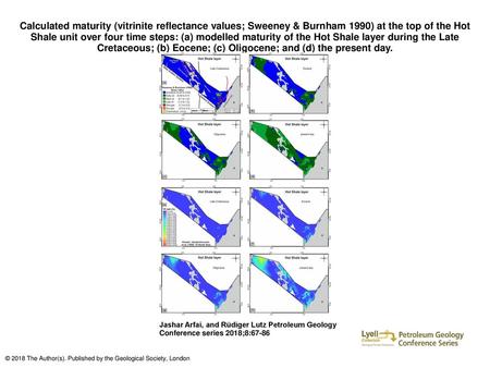 Calculated maturity (vitrinite reflectance values; Sweeney & Burnham 1990) at the top of the Hot Shale unit over four time steps: (a) modelled maturity.