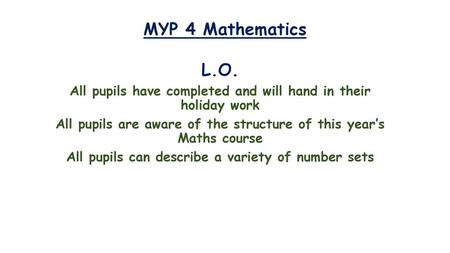 MYP 4 Mathematics L.O. All pupils have completed and will hand in their holiday work All pupils are aware of the structure of this year’s Maths course.