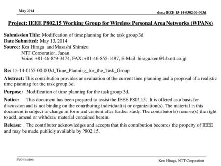 Submission Title: Modification of time planning for the task group 3d