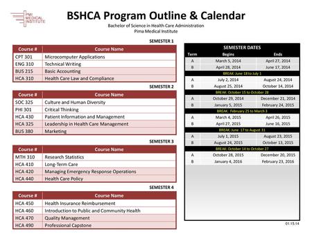 BSHCA Program Outline & Calendar