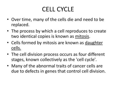 CELL CYCLE Over time, many of the cells die and need to be replaced.