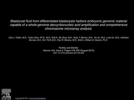 Blastocoel fluid from differentiated blastocysts harbors embryonic genomic material capable of a whole-genome deoxyribonucleic acid amplification and.