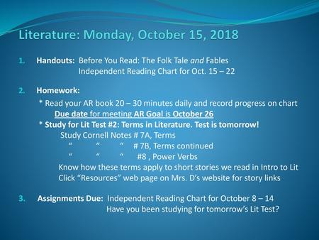 Literature: Monday, October 15, 2018