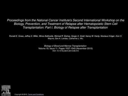 Proceedings from the National Cancer Institute's Second International Workshop on the Biology, Prevention, and Treatment of Relapse after Hematopoietic.